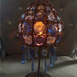 Vintage Beaded Table Lamp with Blue and Clear Accents